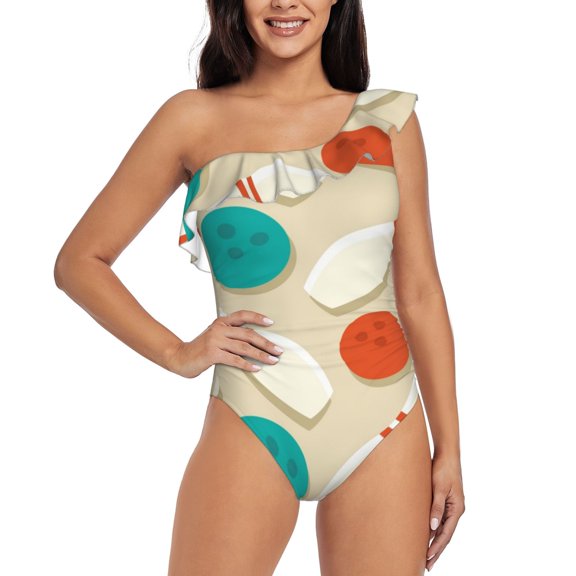 Rateoe Vintage Bowling Pattern Women One Piece Swimsuits Tummy Control One Shoulder Bathing Suits Ruffle Swimwear-Medium