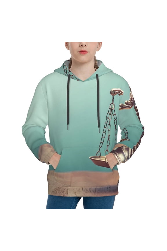 Vintage Brass Balance Scale Pattern Boys Hoodie, Youth Pullover Hooded Sweatshirt, Kangaroo Pocket Hoodie for Kids-Small
