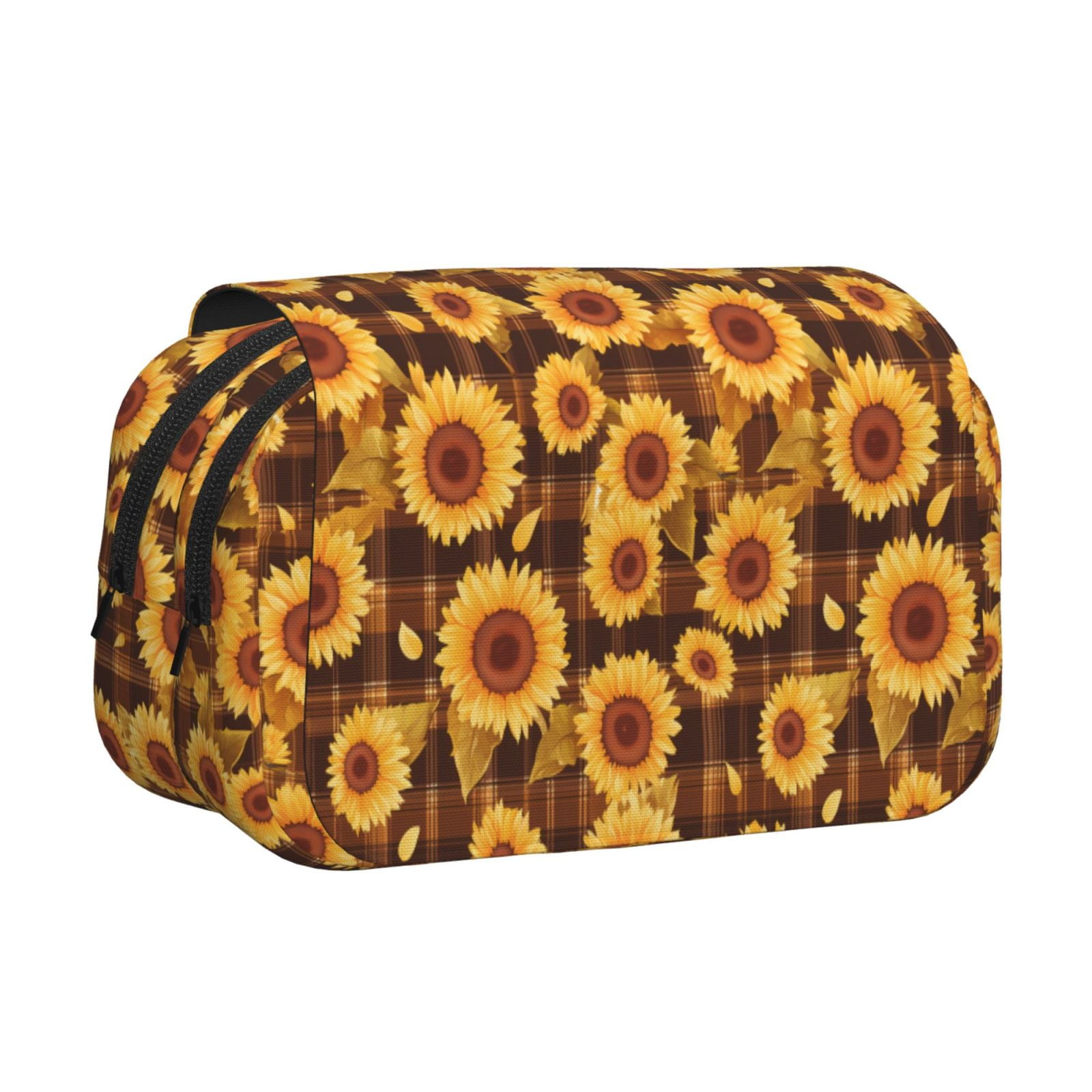 Rateoe Vintage Brown Plaid Sunflower Pattern Double Clamshell Pen Case, Storage Organizer with Two Zipper Compartments– Holds Up to 50 Pencils & Pens