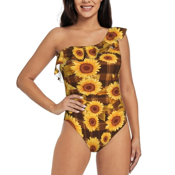 Rateoe Vintage Brown Plaid Sunflower Pattern Women One Piece Swimsuits Tummy Control One Shoulder Bathing Suits Ruffle Swimwear-XX-Large