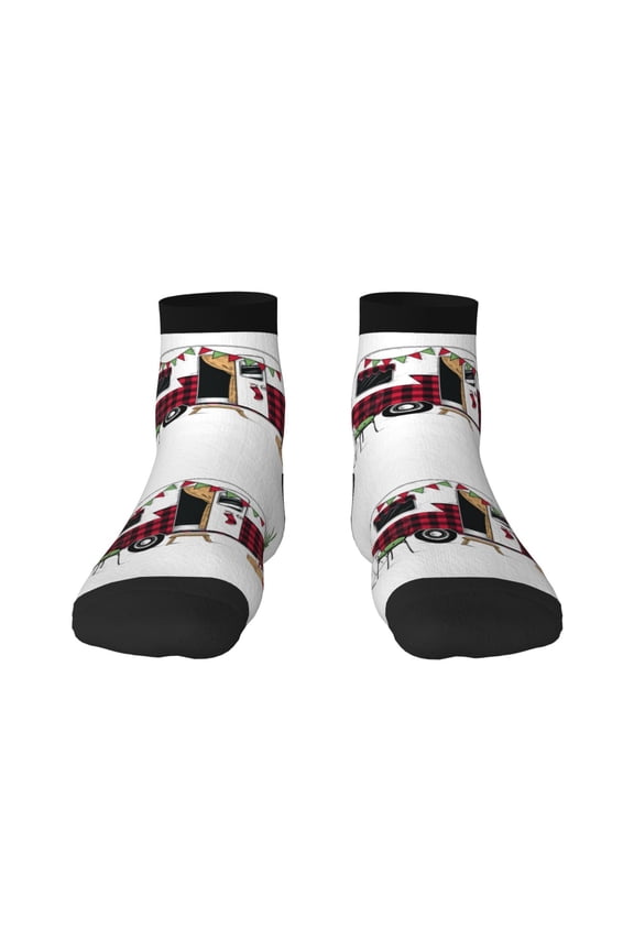 Vintage Buffalo Plaid Christmas Camper Pattern Quarter Crew Socks,Toe Seamed Ankle Socks,Cotton Cushioned Breathable Athletic Crew Sports Socks