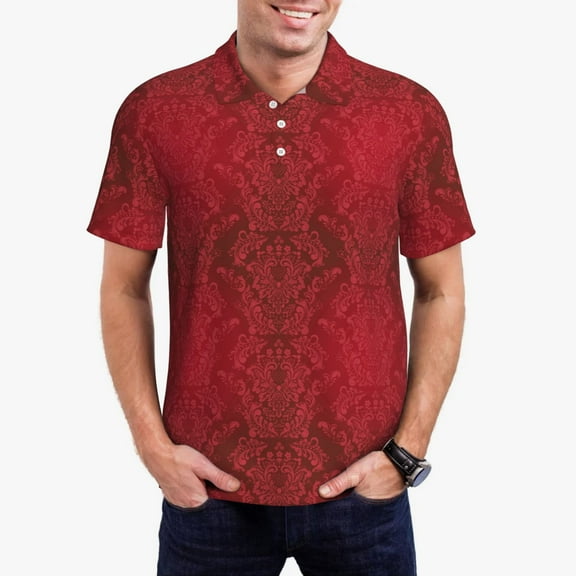 Rateoe Vintage Burgundy Pattern Men's Short Sleeve Polo Shirts, Golf Polo Shirts Short Sleeve Performance Moisture Wicking Dry-4X-Large