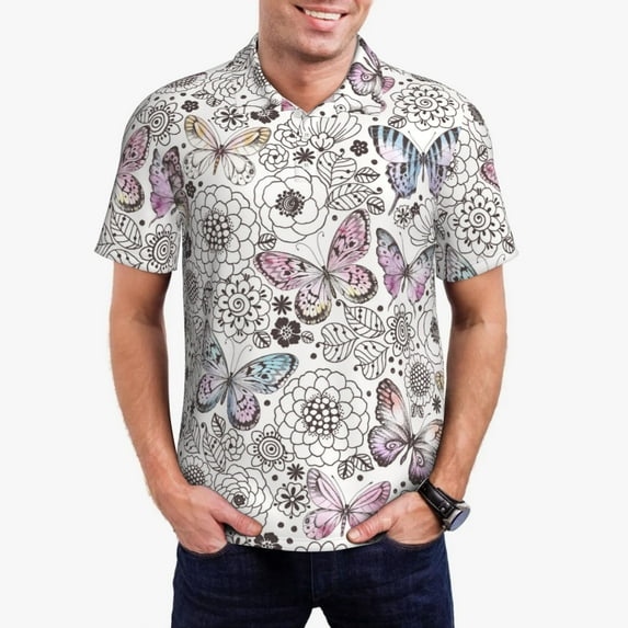 Rateoe Vintage Butterflies Pattern Men's Short Sleeve Polo Shirts, Golf Polo Shirts Short Sleeve Performance Moisture Wicking Dry-3X-Large