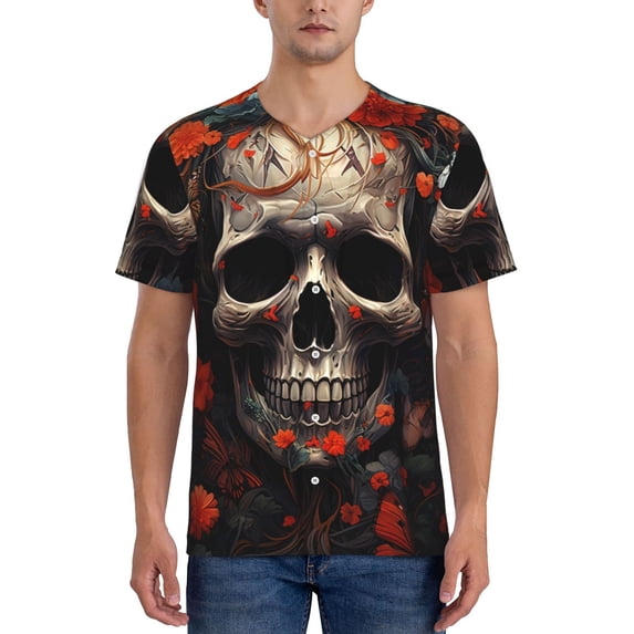 Rateoe Vintage Butterfly Flower Skull Pattern Men’s Baseball Short Sleeve Polo Shirt, Midweight Men's Shirt Golf Shirt Polo Shirts Quick Dry Short-Large
