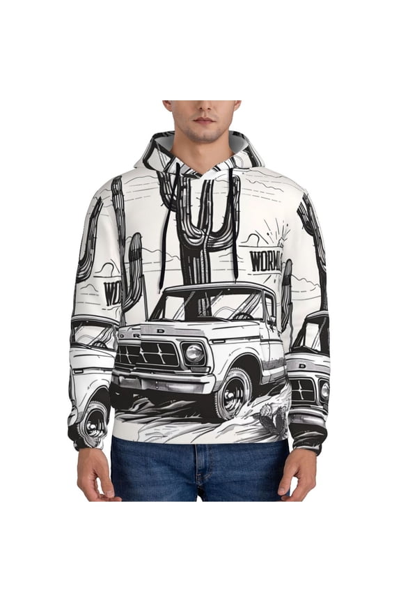 Vintage Cactus Pickup Pattern Mens Hoodie, Pullover Hooded Sweatshirt, Kangaroo Pocket Hoodie Ideal for Daily Wear, Travel and Home-Small