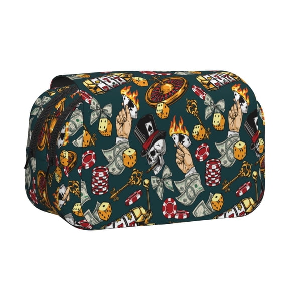 Rateoe Vintage Casino Chips Pattern Double Clamshell Pen Case, Storage Organizer with Two Zipper Compartments Holds Up to 50 Pencils & Pens