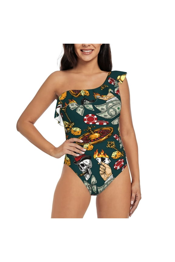 Vintage Casino Chips Pattern Women One Piece Swimsuits Tummy Control One Shoulder Bathing Suits Ruffle Swimwear-X-Large