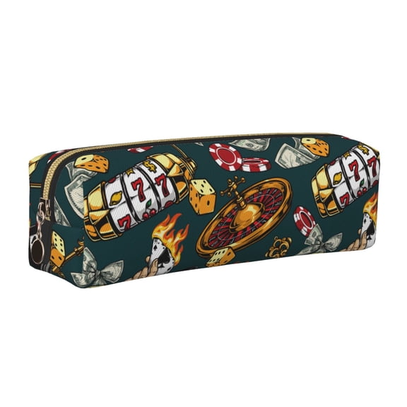 Rateoe Vintage Casino Chips Print Leather Pencil Case with Smooth Zipper, Compact Storage for Writing Tools & Art Supplies, 8.26" x 1.96" x 2.16"