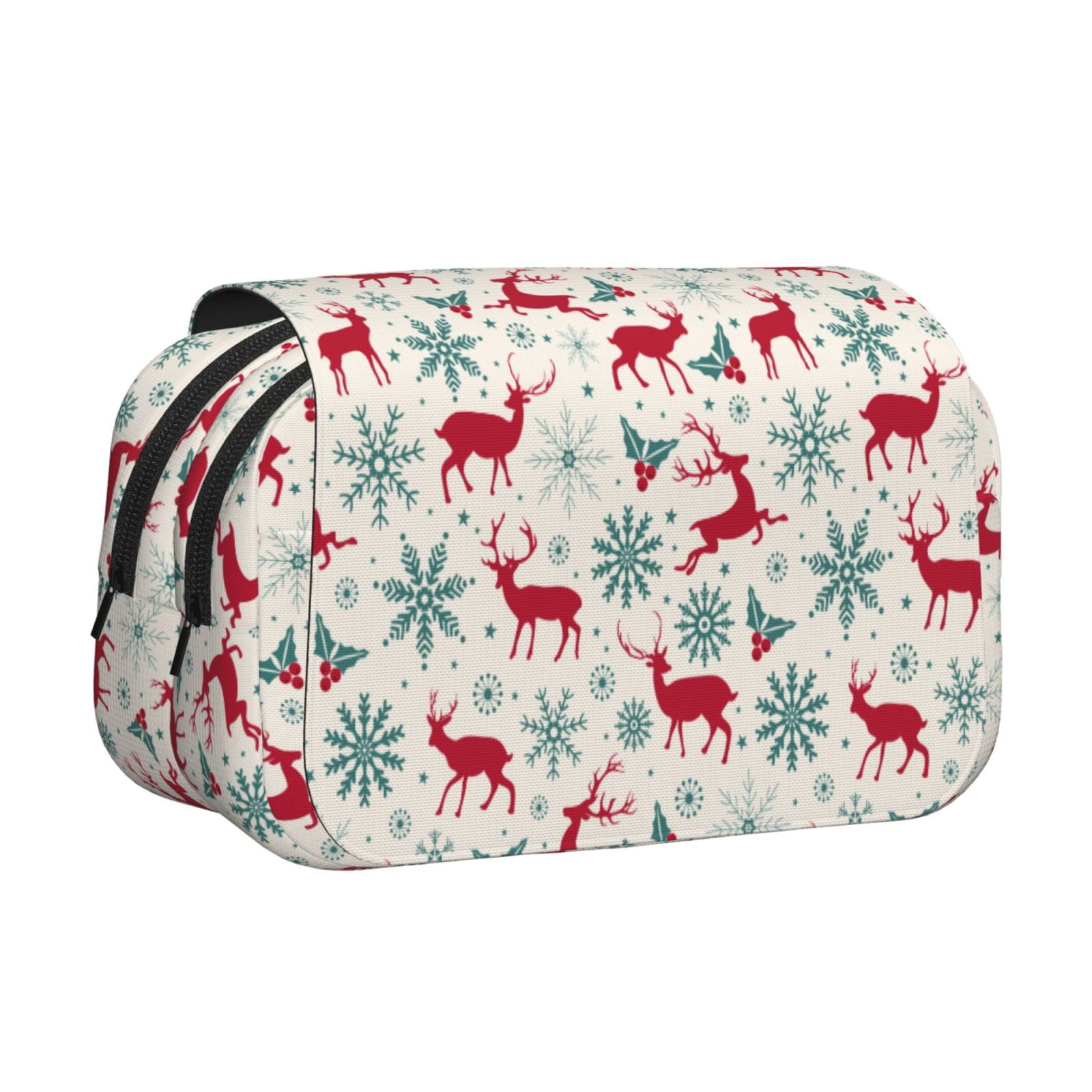 Rateoe Vintage Christmas Reindeer Pattern Double Clamshell Pen Case, Storage Organizer with Two Zipper Compartments– Holds Up to 50 Pencils & Pens