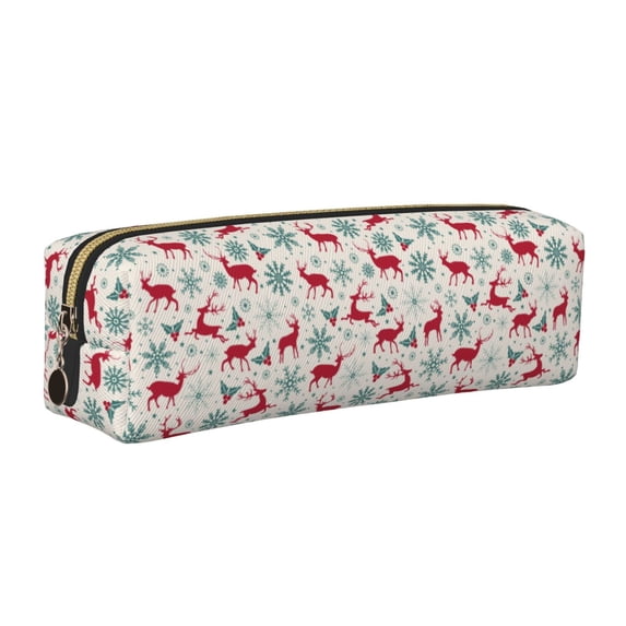 Rateoe Vintage Christmas Reindeer Print Leather Pencil Case with Smooth Zipper, Compact Storage for Writing Tools & Art Supplies, 8.26" x 1.96" x 2.16"