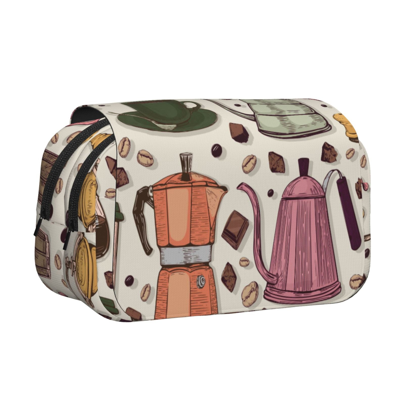 Rateoe Vintage Coffee Pattern Double Clamshell Pen Case, Storage Organizer with Two Zipper Compartments– Holds Up to 50 Pencils & Pens