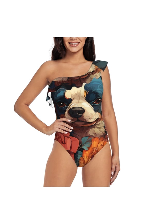 Vintage Colorful Flower French Bulldog Pattern Women One Piece Swimsuits Tummy Control One Shoulder Bathing Suits Ruffle Swimwear-