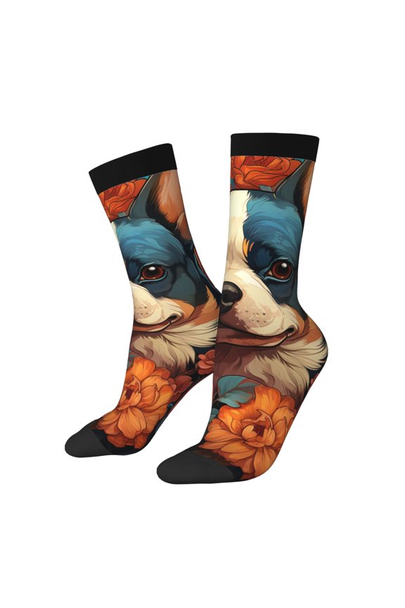 Vintage Colorful Flower French Bulldog for Women Casual Calf Socks - Cute Crew Socks - Thin Soft Above Ankle Socks Size 5-11