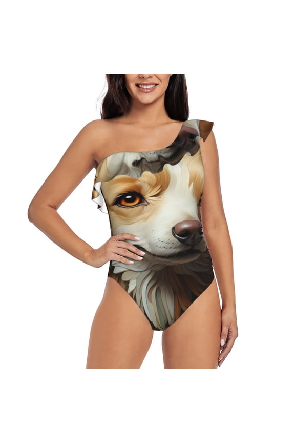 Vintage Colorful Flower Puppy Pattern Women One Piece Swimsuits Tummy Control One Shoulder Bathing Suits Ruffle Swimwear-Small
