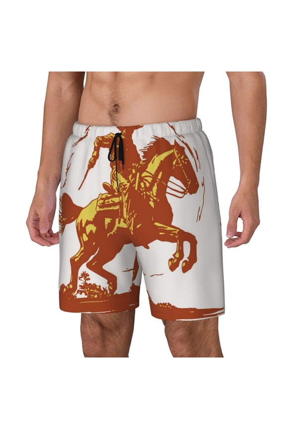 Vintage Cowboy On A Bronco Horse Pattern Men’s Swim Shorts with Compression Liner – Double-Layered Quick-Dry Swimwear, Comfortable & Stretchy Beach Shorts-Medium