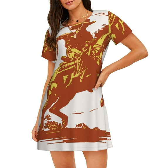 Rateoe Vintage Cowboy On A Bronco Horse Print Women’s Nightdress – Cozy Cotton Short-sleeved Sleep Shirt, Loose-Fit Sleepwear, Perfect for Relaxing and Sleeping