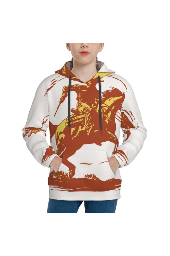 Vintage Cowboy On A Bronco Horse Pattern Boys Hoodie, Youth Pullover Hooded Sweatshirt, Kangaroo Pocket Hoodie for Kids-