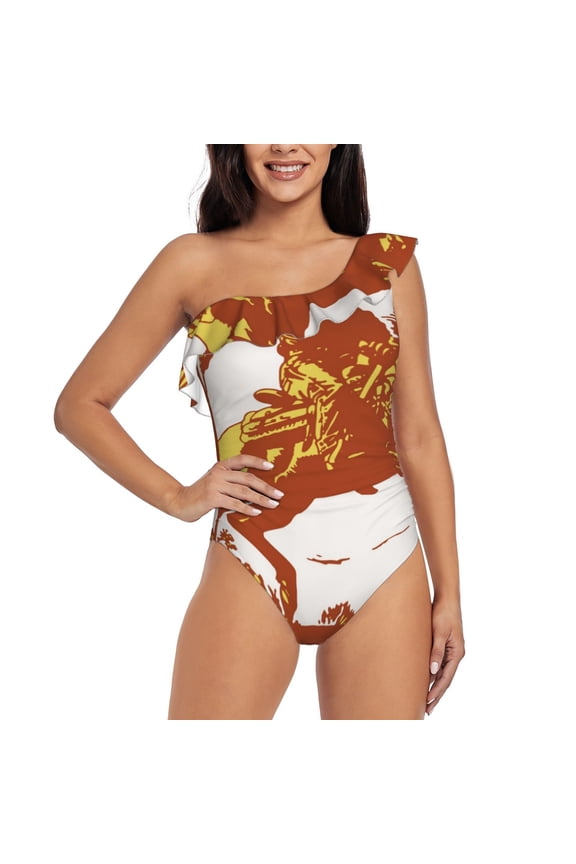 Vintage Cowboy On A Bronco Horse Pattern Women One Piece Swimsuits Tummy Control One Shoulder Bathing Suits Ruffle Swimwear-Large