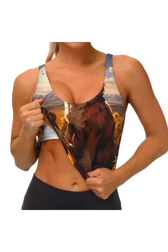 Vintage Cute Corgi Sunflower Print Womens' Sports Bras Scoop Neck Sports Vest- Padded U Back Seamless High Impact Support