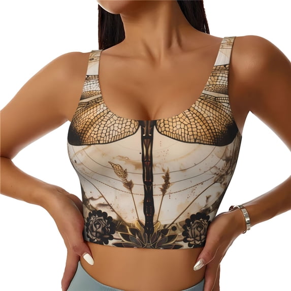 Rateoe Vintage Dragonfly Artwork Print Womens' Sports Bras Scoop Neck Sports Vest- Padded U Back Seamless High Impact Support-Medium