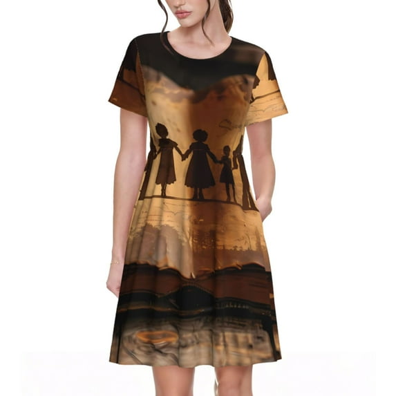 Rateoe Vintage Family History Book Pattern Women’s Short Sleeve Dress – Casual Elegant Summer A-Line Dress for Everyday Wear