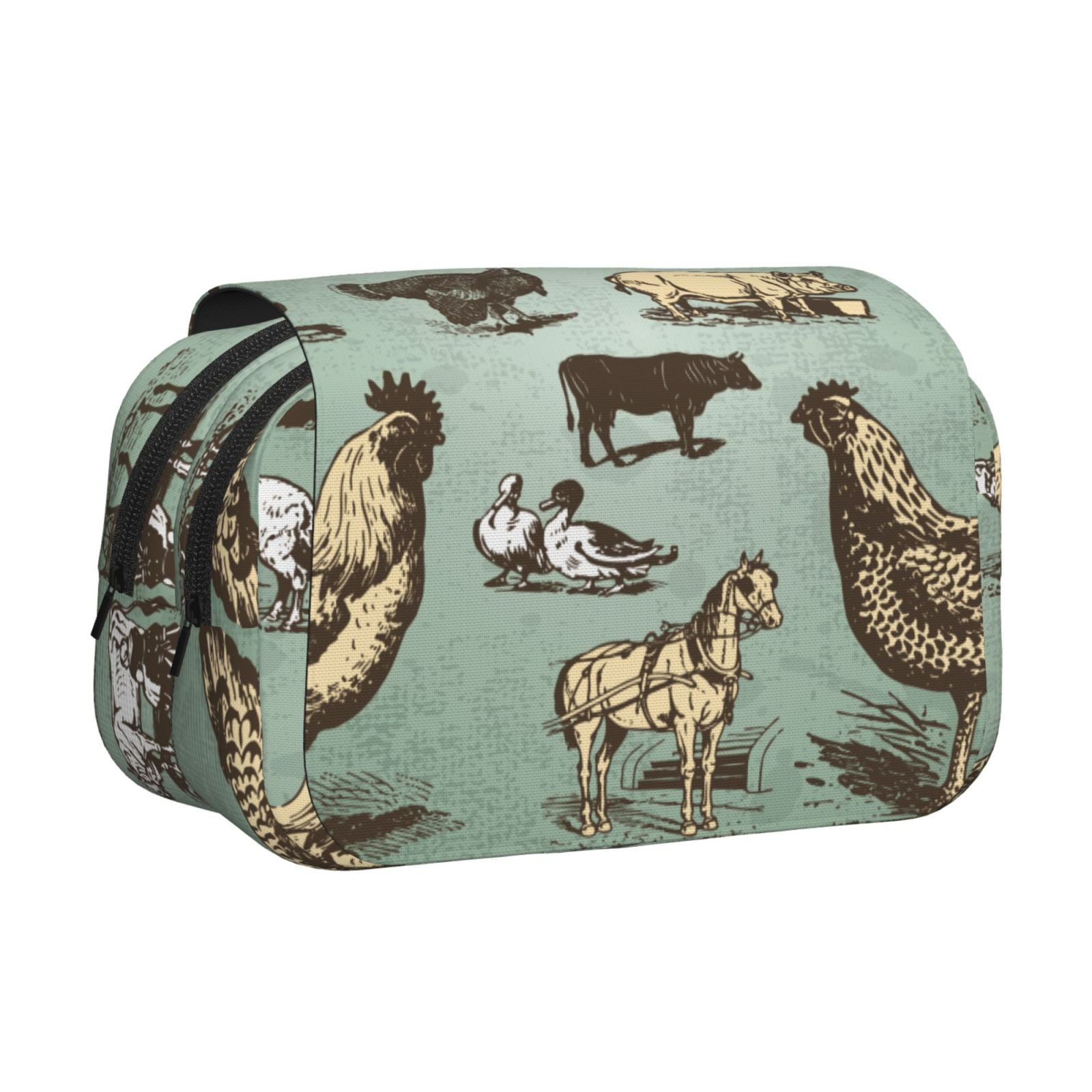 Rateoe Vintage Farm Animals Pattern Double Clamshell Pen Case, Storage Organizer with Two Zipper Compartments– Holds Up to 50 Pencils & Pens