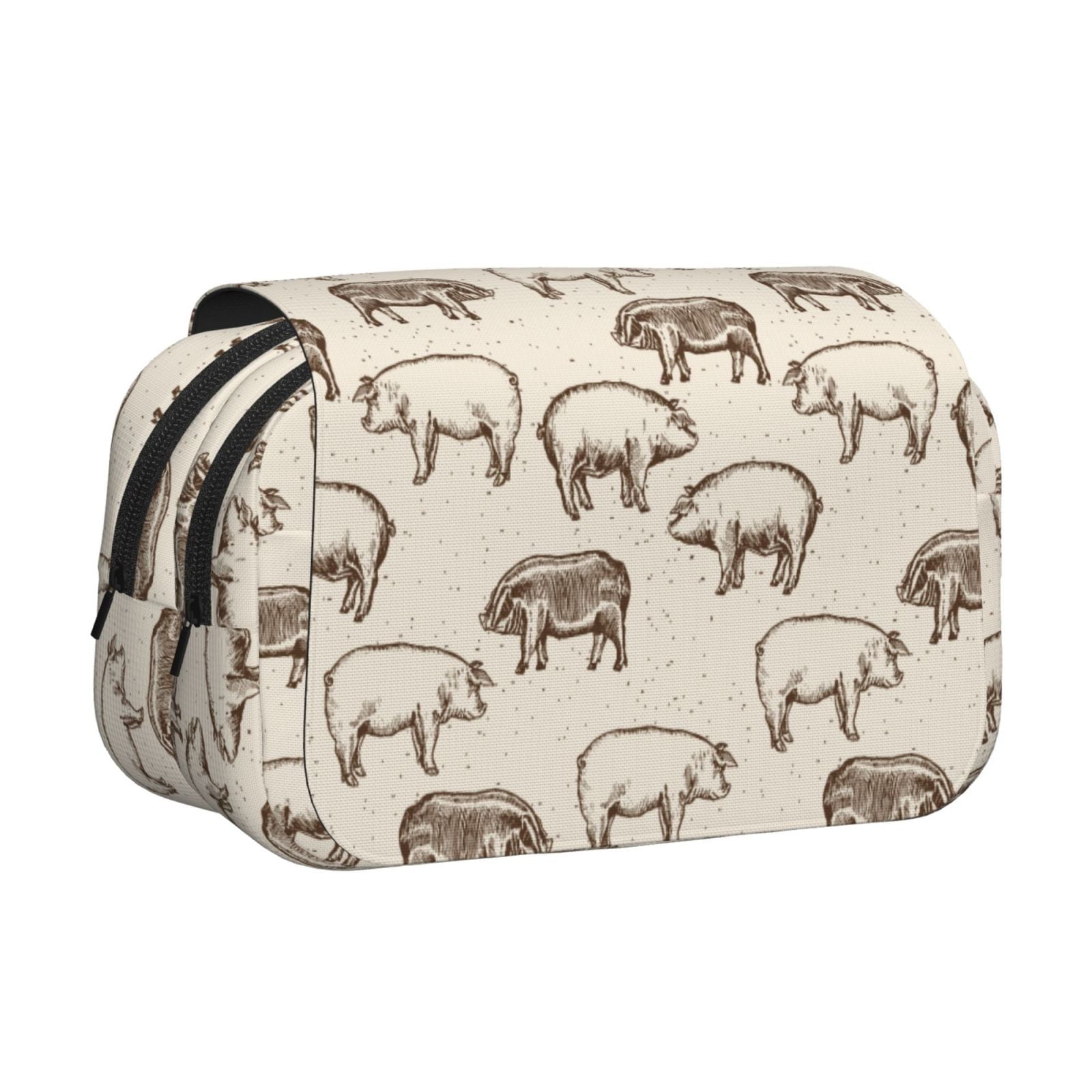 Rateoe Vintage Farm Pigs Pattern Double Clamshell Pen Case, Storage Organizer with Two Zipper Compartments– Holds Up to 50 Pencils & Pens