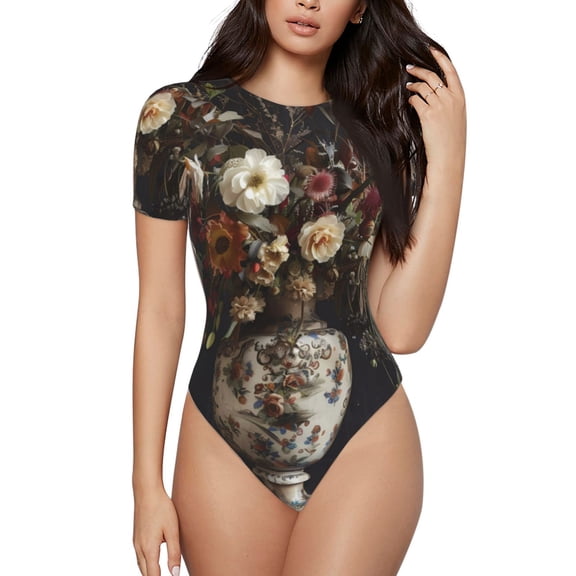 Rateoe Vintage Floral Vase A Printed Women Rash Guard Short Sleeve,Tummy control Swimsuit Surfing Swimsuit Bathing Suit Short-sleeved Onesie UPF 50  -X-Large