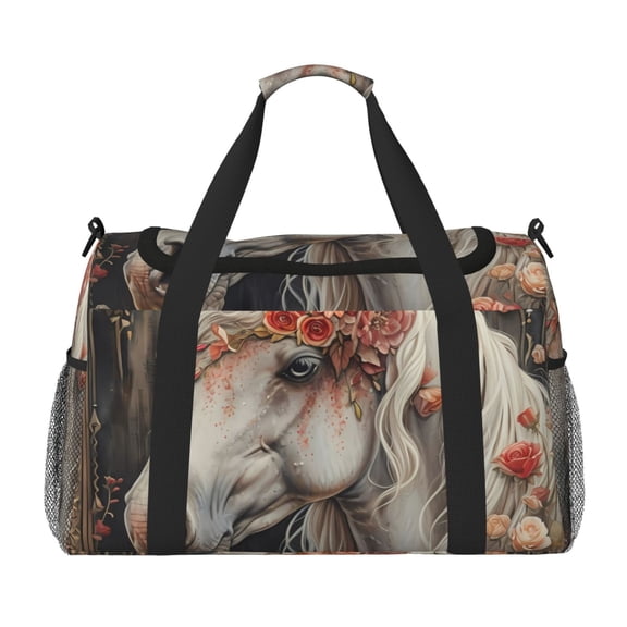 Rateoe Vintage Floral White Horse Pattern Gym Bag for Women, Duffle Bag for Travel with Wet Pocket, Carry on Weekender Bags for Women, Water Resistant Travel Bag Duffel Bag