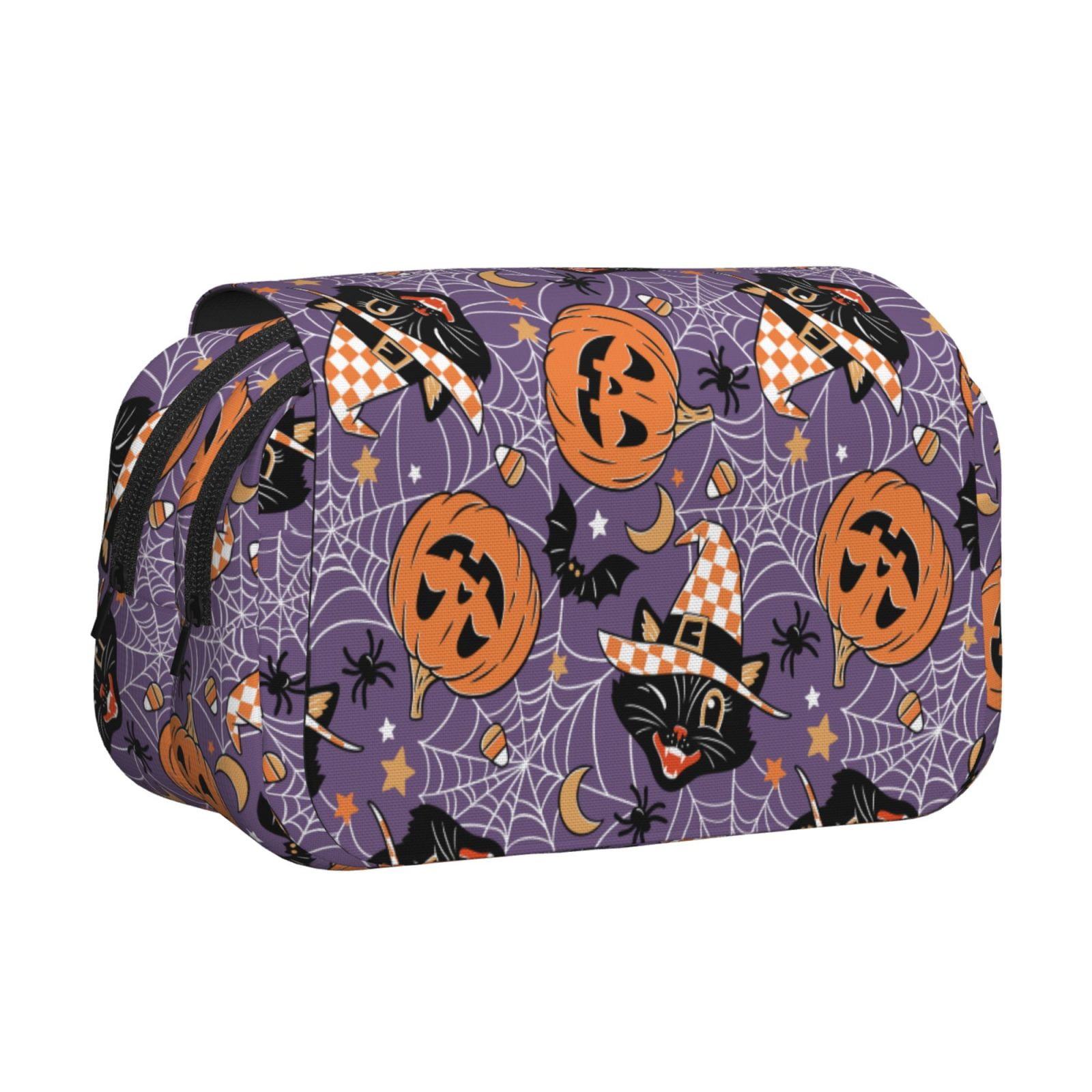 Rateoe Vintage Halloween Black Cat Pattern Double Clamshell Pen Case, Storage Organizer with Two Zipper Compartments– Holds Up to 50 Pencils & Pens