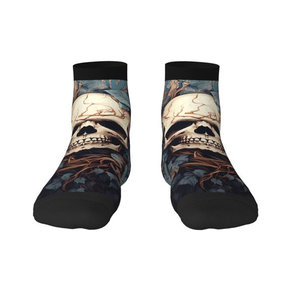 Rateoe Vintage Leaf Flower Skull Pattern Quarter Crew Socks,Toe Seamed Ankle Socks,Cotton Cushioned Breathable Athletic Crew Sports Socks