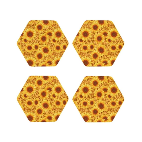 Rateoe Vintage Leopard Print Sunflower Drawing Drink Coasters Set of 4 Leather Coasters Spill Protection for Table Desk,Durable and Non Slip Leather Coaster ,4 Inches Drink Mats-Hexagon