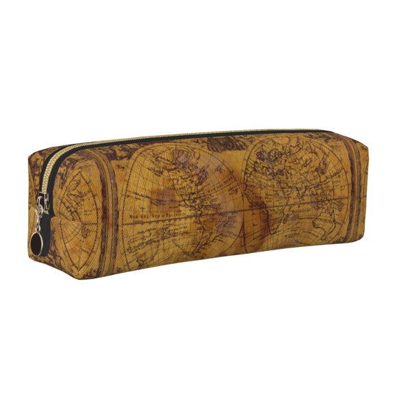 Rateoe Vintage Map Print Leather Pencil Case with Smooth Zipper, Compact Storage for Writing Tools & Art Supplies, 8.26" x 1.96" x 2.16"