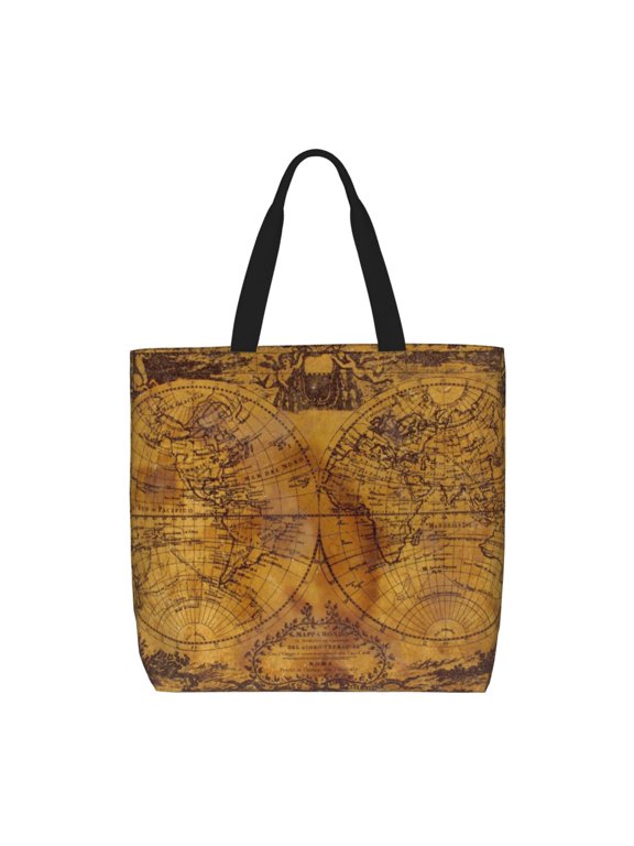 Vintage Map Print Lightweight Tote Bag for Women, Water-Resistant Shoulder Bag with Zipper, Spacious Casual Handbag for Work, School, Shopping