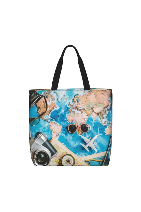 Vintage Map Travel Essentials Print Lightweight Tote Bag for Women, Water-Resistant Shoulder Bag with Zipper, Spacious Casual Handbag for Work, School, Shopping