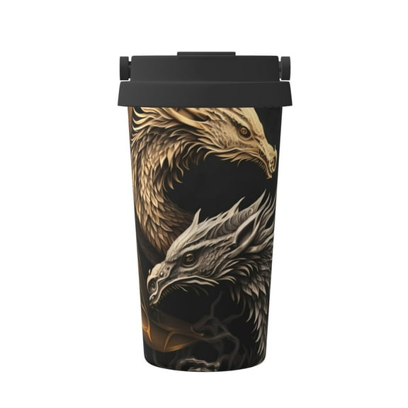 Rateoe Vintage Metal Dragon Pattern Travel Coffee Mug Tumbler with Flip Lid | Reusable Insulated Stainless Steel Cold Brew Iced Coffee Cup Thermos