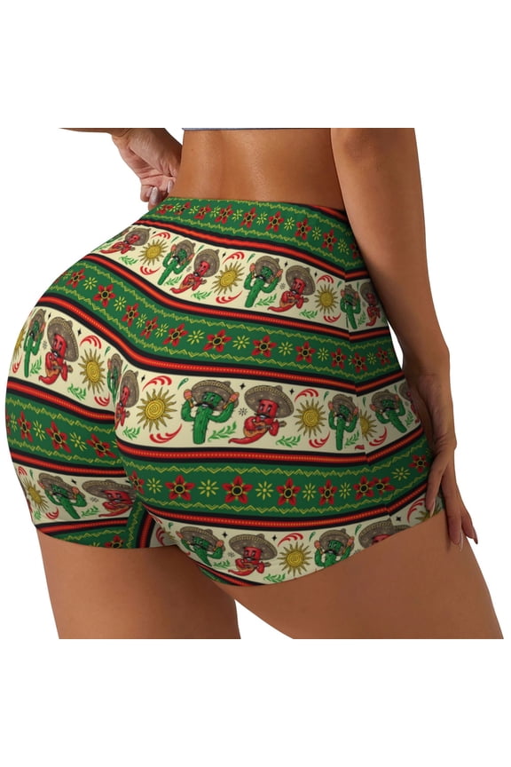 Vintage Mexican Printed Power Workout Shorts for Women Tummy Control Squat Proof Ribbed Thick Seamless Scrunch Active Short-Large