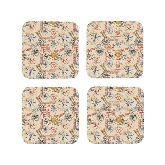 Rateoe Vintage Nautical Drawing Drink Coasters Set of 4 Leather Coasters Spill Protection for Table Desk,Durable and Non Slip Leather Coaster ,4 Inches Drink Mats-Square