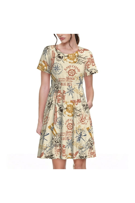 Vintage Nautical Pattern Women’s Short Sleeve Dress – Casual Elegant Summer A-Line Dress for Everyday Wear