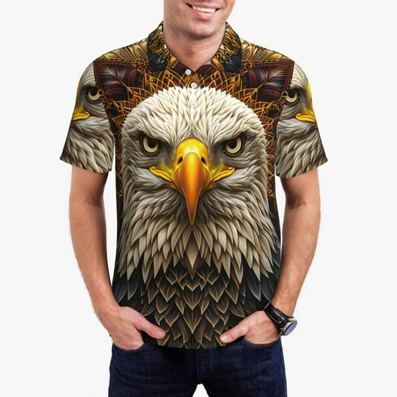 Rateoe Vintage Pattern Bald Eagle Pattern Men's Short Sleeve Polo Shirts, Golf Polo Shirts Short Sleeve Performance Moisture Wicking Dry-3X-Large