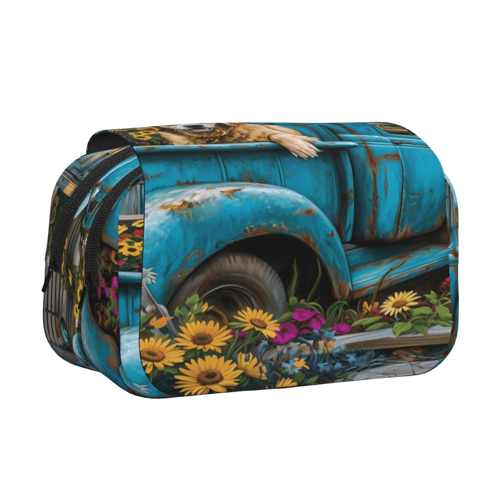 Rateoe Vintage Pickup Sunflower Dog Pattern Double Clamshell Pen Case, Storage Organizer with Two Zipper Compartments– Holds Up to 50 Pencils & Pens