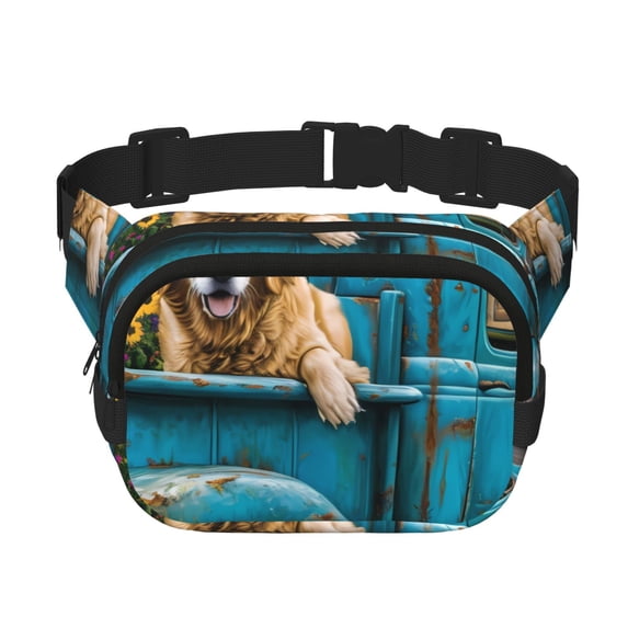 Rateoe Vintage Pickup Sunflower Dog Print Fanny Pack Belt Bag for Women and Men, Square Double-Layer Waterproof Waist Pack with Adjustable Strap for Hiking, Jogging, Cycling