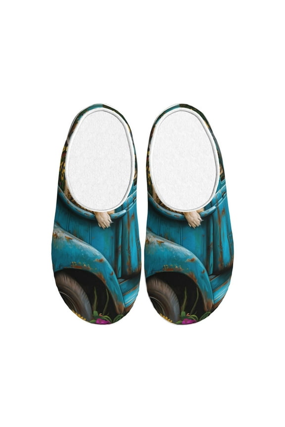 Vintage Pickup Sunflower Dog Print Women's Men's Cotton Knit Slippers Lightweight Memory Foam Indoor House Shoes with Anti-Skid Sole-35/36