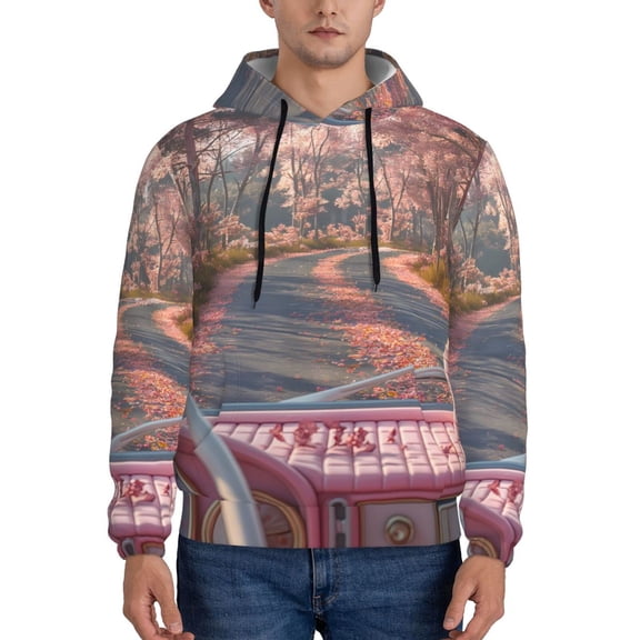Rateoe Vintage Pink Drive View Pattern Mens Hoodie, Pullover Hooded Sweatshirt, Kangaroo Pocket Hoodie Ideal for Daily Wear, Travel and Home-3X-Large