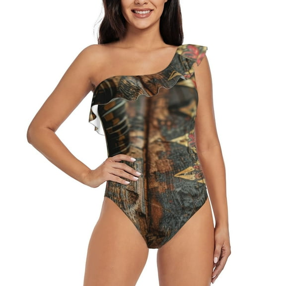 Rateoe Vintage Poker Chips Pattern Women One Piece Swimsuits Tummy Control One Shoulder Bathing Suits Ruffle Swimwear-Medium