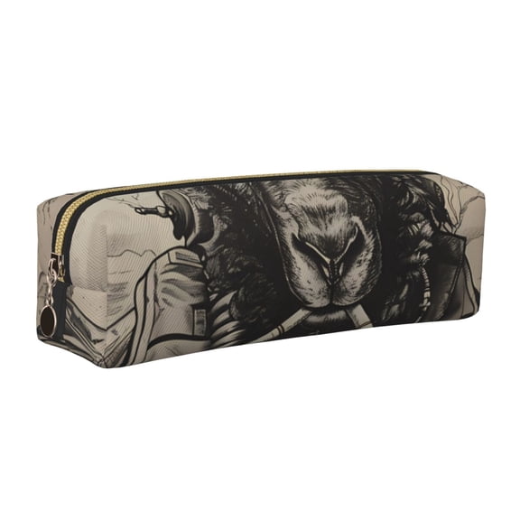Rateoe Vintage Ram Pilot Print Leather Pencil Case with Smooth Zipper, Compact Storage for Writing Tools & Art Supplies, 8.26" x 1.96" x 2.16"