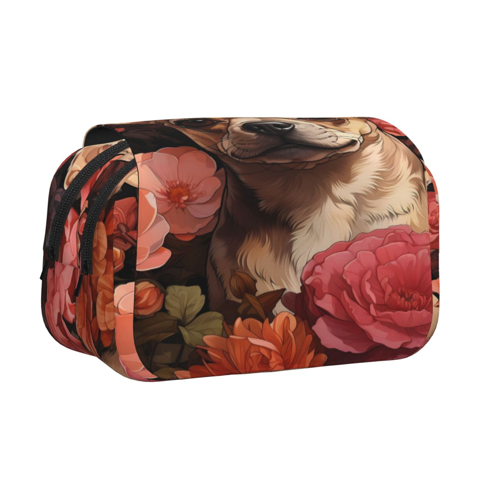 Rateoe Vintage Red Flower Chihuahua Pattern Double Clamshell Pen Case, Storage Organizer with Two Zipper Compartments– Holds Up to 50 Pencils & Pens