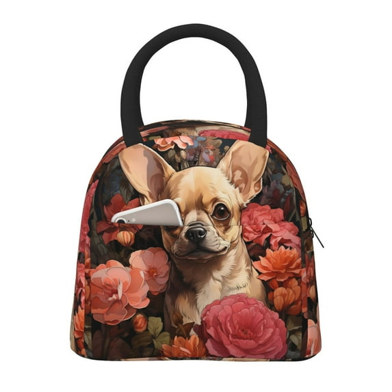 Rateoe Vintage Red Flower Chihuahua Pattern Lunch Bag Women, Lunch Box, Lunch Bag, Small Leakproof Lunch Tote Large Capacity Reusable Insulated Cooler Lunch Container