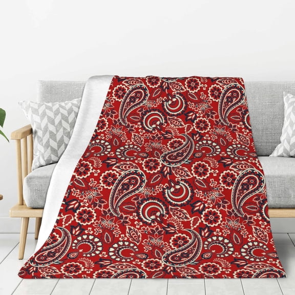 Rateoe Vintage Red Paisley Pattern Flannel Throw Blanket, Ultra-soft Blanket for Bed, Couch, Car, Hypoallergenic Anti-pilling blanket-40"x30"(Vertical)