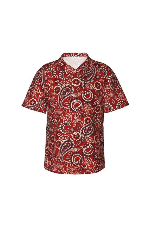 Vintage Red Paisley Pattern Men’s Hawaiian Shirt – Short Sleeve Button-Down Tropical Beach Shirt, Lightweight & Breathable Casual Aloha Shirt with Pocket,Large
